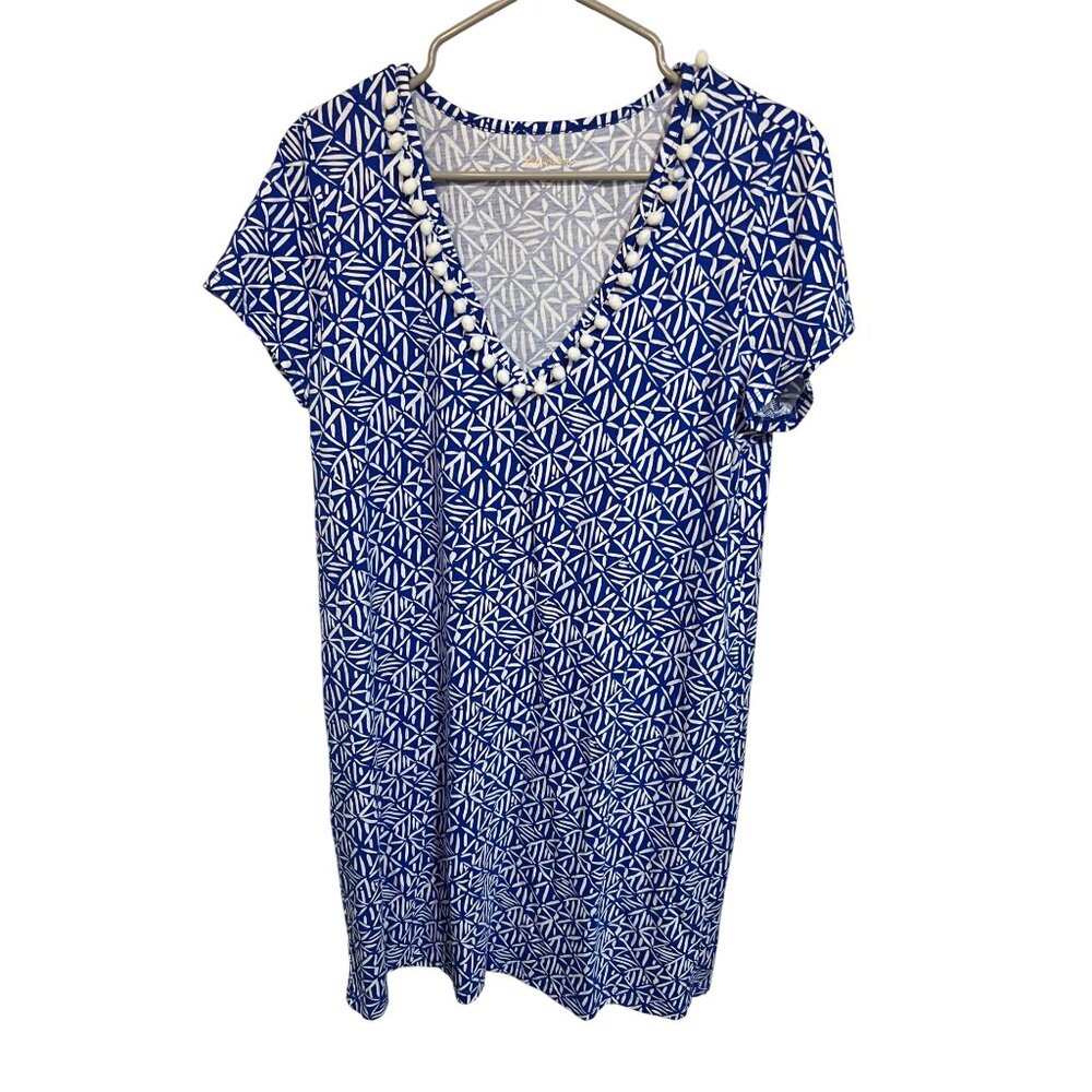 Lilly Pulitzer Blue & White Geometric Print Pom-Pom Trim V-Neck Dress
